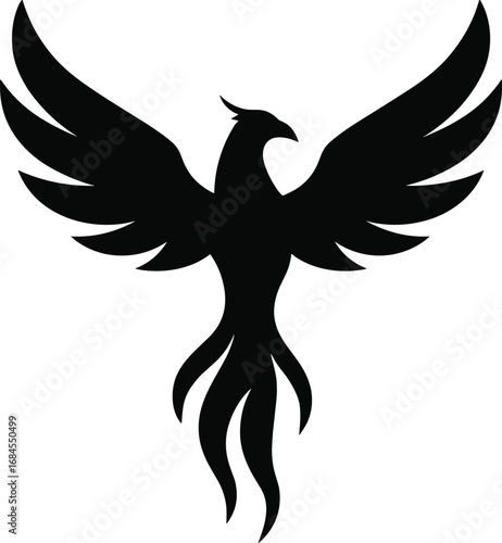 Phoenix silhouette, wings spread, black minimal emblem vector transparent