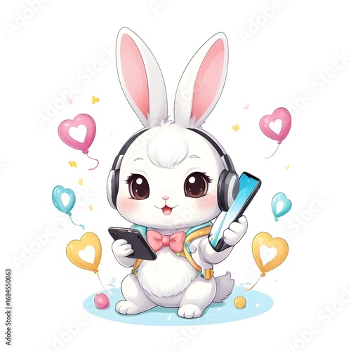 Cute Kawaii Bunny Playing Mobile Game – Adorable Chibi Animal Illustration on White Background