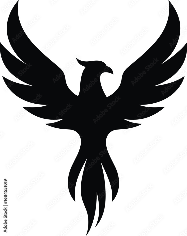 Fototapeta premium Phoenix silhouette, wings spread, black minimal emblem vector transparent
