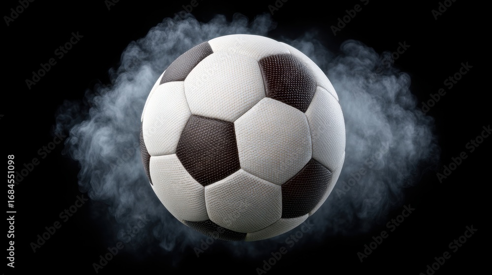 Fototapeta premium Dynamic soccer ball in motion with smoke effects on a dark background, capturing the essence of energy in sports and athleticism in action shots.