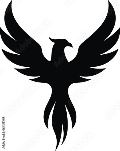 Phoenix silhouette, wings spread, black minimal emblem vector transparent