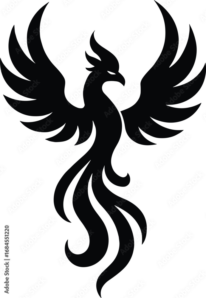 Fototapeta premium Phoenix silhouette, wings spread, black minimal emblem vector transparent