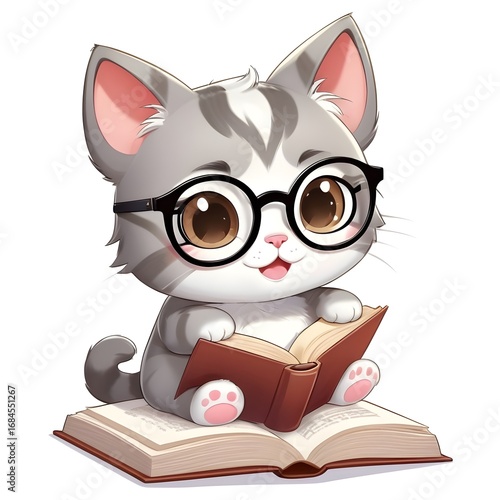 Cute Kawaii Cat Reading a Book – Adorable Chibi Animal Illustration on White Background