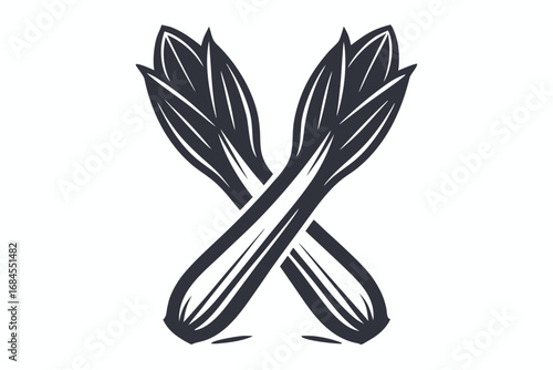 Crossed Leeks Illustration, Culinary Herb, Elegant, Stylized on White Background
