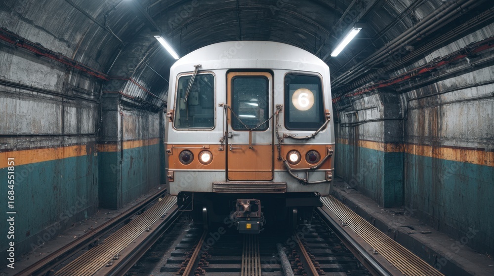 Fototapeta premium Vintage subway train in an underground tunnel with industrial walls and dim lighting, capturing the essence of urban transit systems in the city