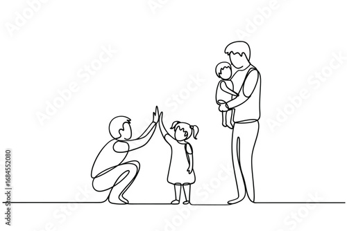 Father and children celebrating with high fives and a baby