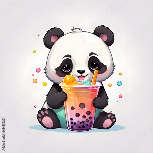 Cute Kawaii Panda Drinking Bubble Tea – Adorable Chibi Animal Illustration on White Background