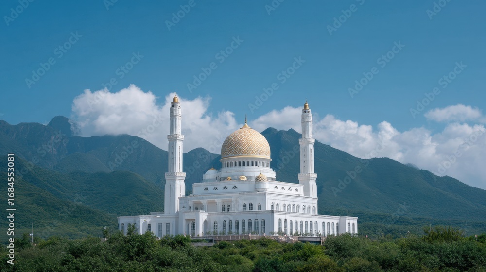 Obraz premium Majestic Mosque Set Against a Stunning Mountain Landscape with Clear Blue Sky and Lush Greenery, Ideal for Travel and Architecture Themes