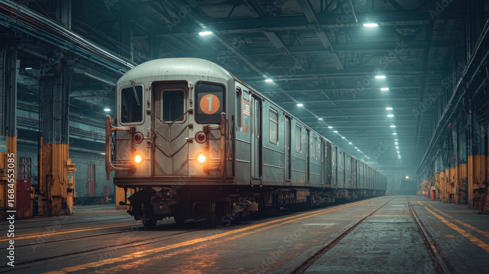Naklejka premium Vintage subway train in a dimly lit underground station with industrial atmosphere and long shadows on the tracks and walls creating a nostalgic ambiance