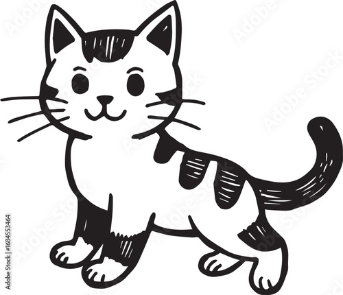 Cat Doodle Black and White Illustration Vector Image Cute Kitten Sketch Line Art Drawing Silhouette