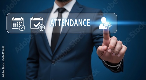 Businessperson touches digital attendance button for modern workplace management and employee tracking