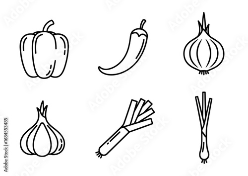 Fresh Bell Pepper, Spicy Chili, Onion, Garlic, Leek, and Lemongrass elegantly illustrated with clean, modern line art, perfect for culinary designs and healthy eating themes