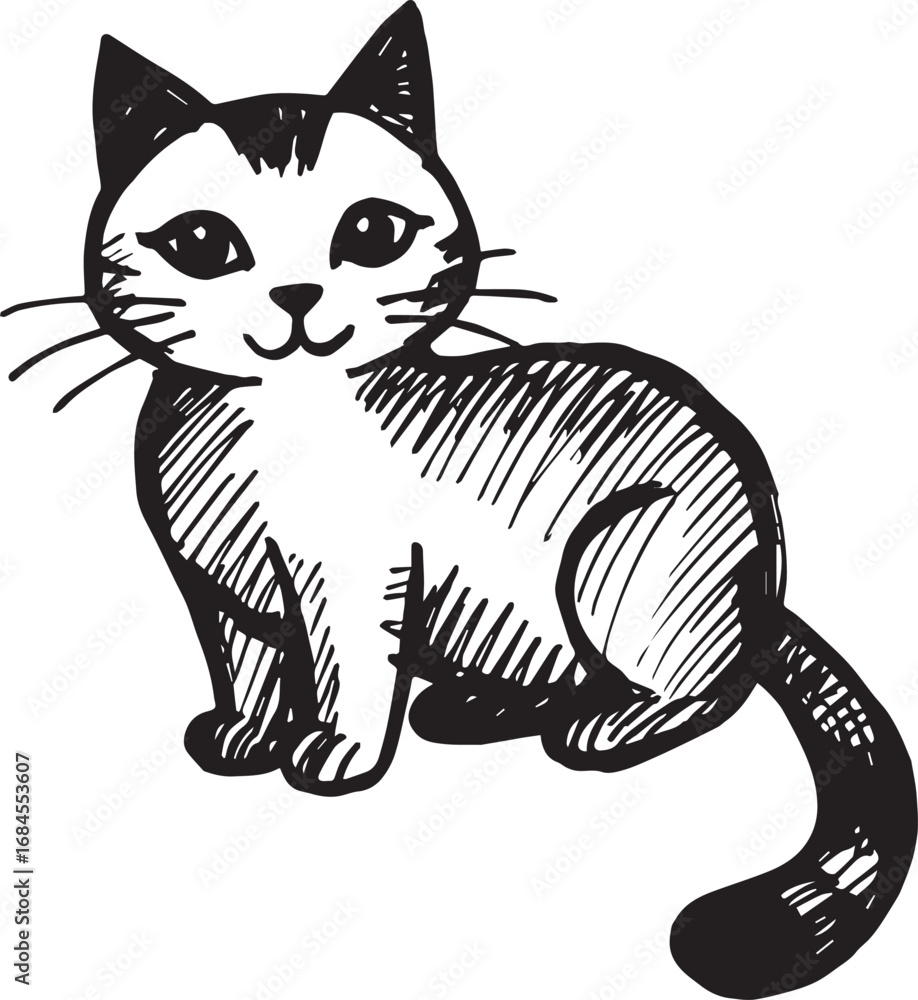 Obraz premium Cat Doodle Black and White Illustration Vector Image Cute Kitten Sketch Line Art Drawing Silhouette