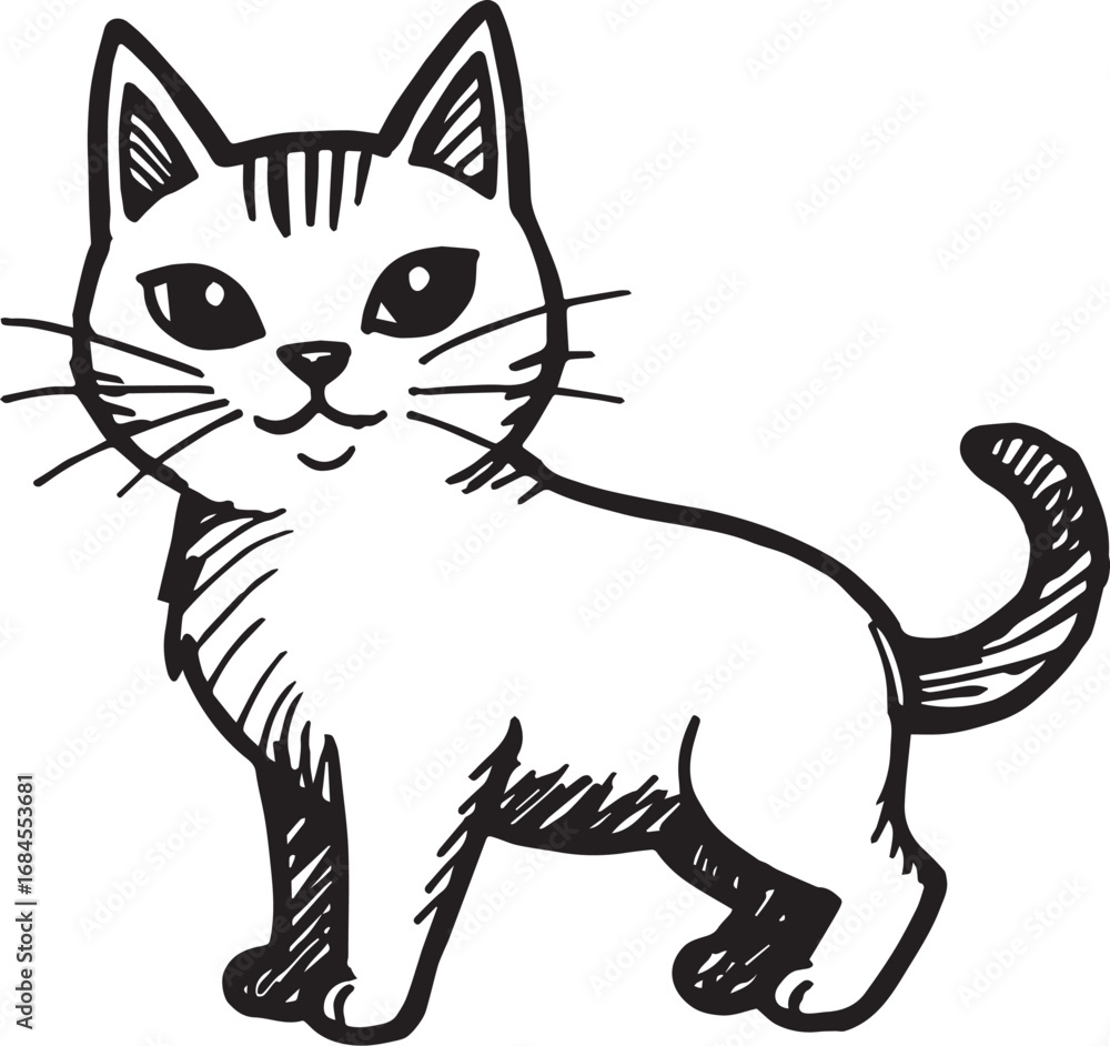 Obraz premium Cat Doodle Black and White Illustration Vector Image Cute Kitten Sketch Line Art Drawing Silhouette