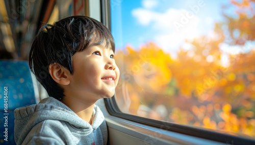 秋の小旅行（電車、男の子）