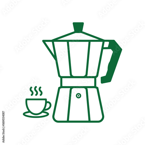 Moka pot coffee maker and steaming cup green line icon.
