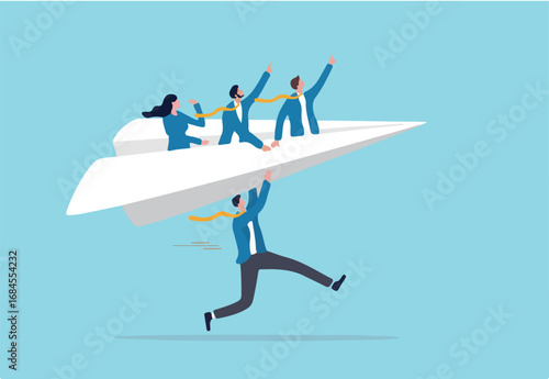 Mentor or support employee to success, manager to help or advice staff to reach goal, work coaching or adviser expert concept, businessman manager launching paper plane origami with team colleagues