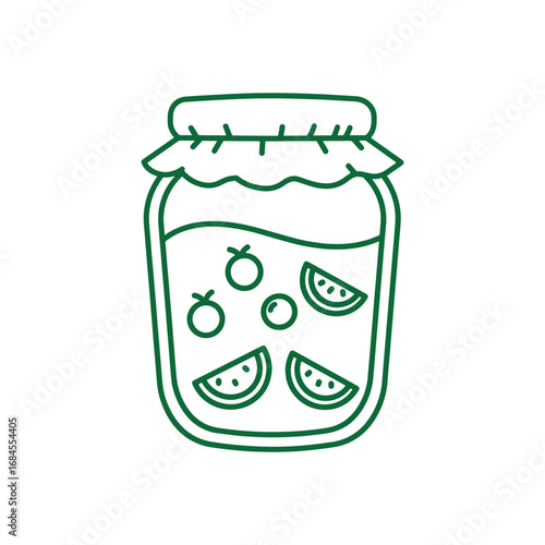 Line drawing of a jar of homemade fruit preserves with blueberries and watermelon.