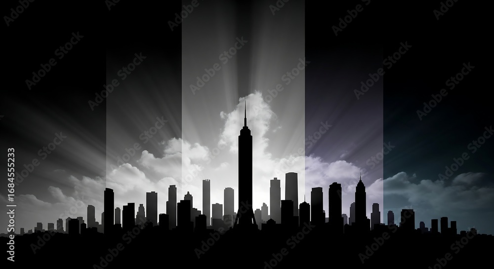 Fototapeta premium Dramatic Cityscape Silhouette with Beams of Light Shining Through Clouds above Buildings