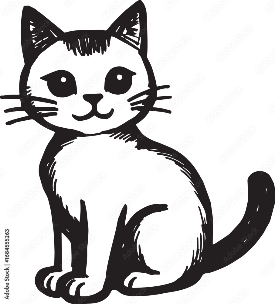 Obraz premium Cat Doodle Black and White Illustration Vector Image Cute Kitten Sketch Line Art Drawing Silhouette 