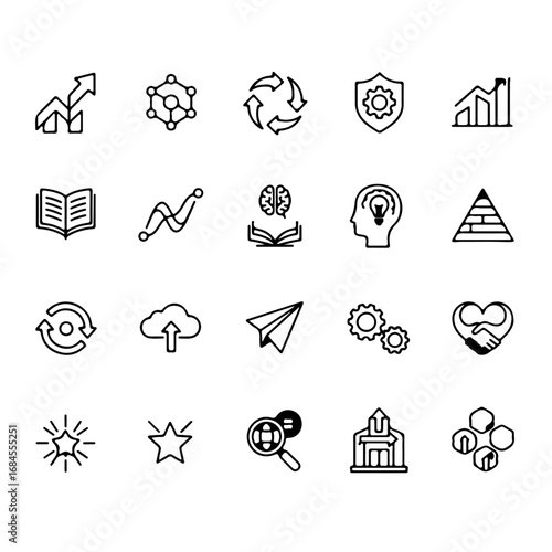 A collection of line art icons symbolizing ideas, development, and process. Perfect visual element for web design, infographics, or presentations, these clean icons help tell a story of growth.