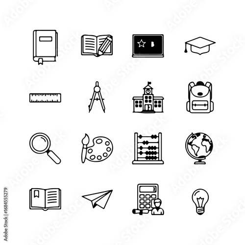 A compilation of intricately designed school icons, carefully curated to evoke the essence of learning and knowledge.