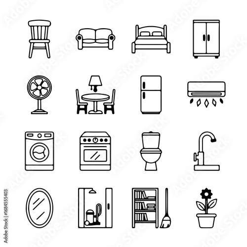 A comprehensive assortment of line-drawn domestic items is meticulously arranged. This meticulously curated collection represents a blend of home furnishings. 
