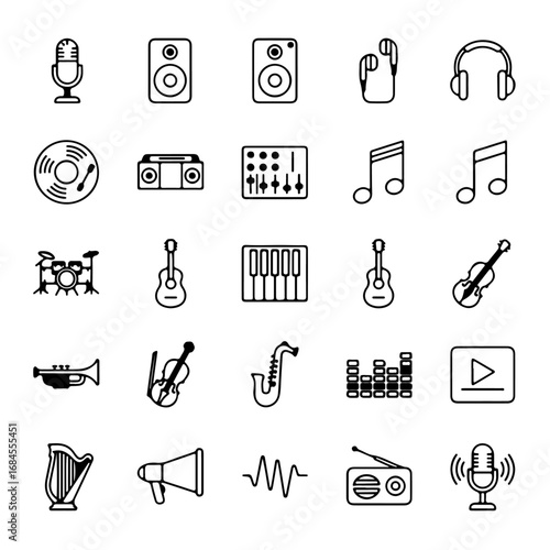 An array of monochrome musical icons presents a clean, orderly aesthetic. showcasing various instruments and audio equipment, ideal for design projects and creative endeavors.