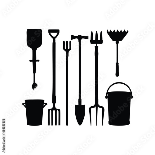 Silhouette Collection of Essential Gardening Tools and Equipment, Black and White Illustration, farming tool set silhouette vector illustration