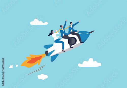 Business growth, investment profit increase, growing fast or improvement sales and revenue, progress or development concept, businessman riding rocket on growth bar graph or rising up revenue chart