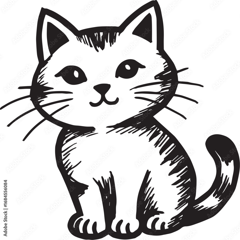 Obraz premium Cat Doodle Black and White Illustration Vector Image Cute Kitten Sketch Line Art Drawing Silhouette 