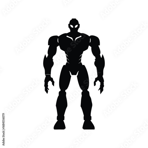 Black Silhouette of a Muscular Robot Warrior Standing Guard on a White Background, humanoid robot silhouette vector illustration