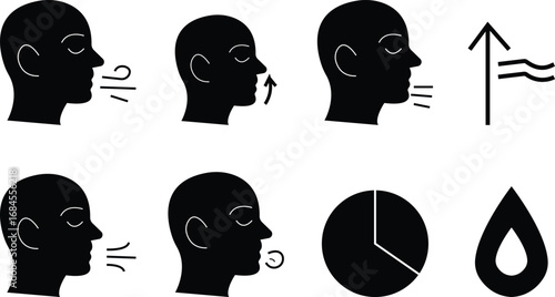 Breathing Icon set, Featuring Human Lungs, Airflow, Inhalation, Exhalation, Respiratory System, Meditation, Relaxation, Wellness, and Healthcare Symbols in Modern Vector Style, breathing exercise