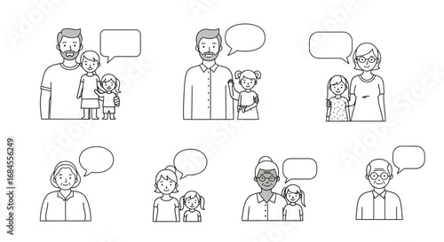 Diverse generations communicating illustrated through simple line drawings with speech bubbles and