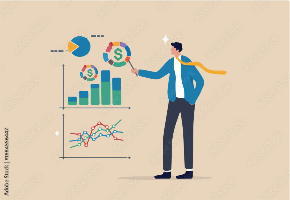 Obraz premium Data analysis chart and report, financial research or analyze information for marketing insight, analytics or optimization diagram, smart information, businessman analyze data with magnifying glass