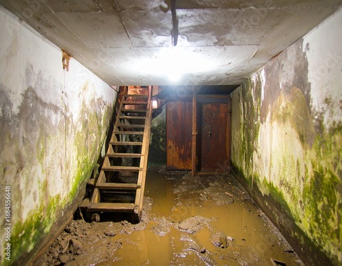 Creepy, damp basement with wooden stairs and rusty doors, evoking a sense of mystery and decay.