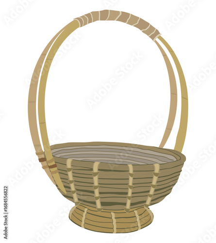 Handmade wicker basket with handle isolated on white background illustration