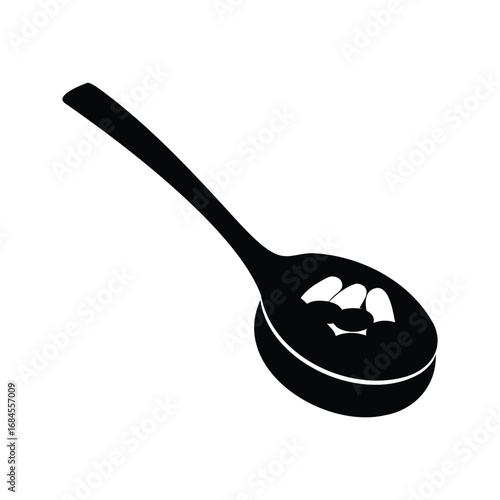Black and White Illustration of a Slotted Spoon Kitchen Utensil, spoonful of supplement silhouette vector illustration