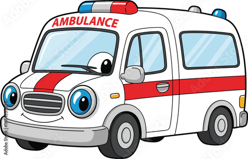 Cartoon Ambulance with Eyes and Smile – Friendly Emergency Vehicle Vector for Kids Education, Healthcare Awareness, and Coloring Pages