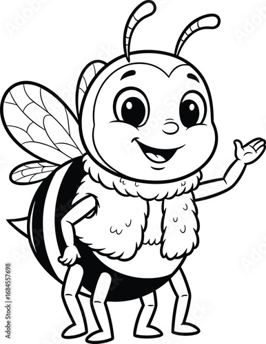 Cheerful cartoon bee character waving, anthropomorphic insect with expressive face and wings, vector illustration for kids and educational design