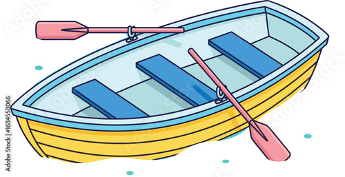 Cartoon-style rowboat vector illustration with yellow hull, blue seats, pink oars, water splashes, and clean stylized recreational design