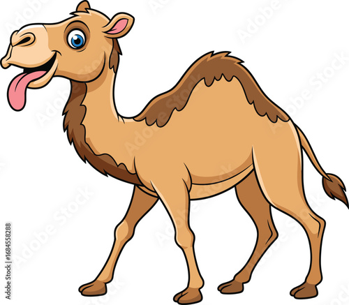 Cartoon dromedary camel with cheerful face, blue eyes, walking pose and tongue out, vector illustration for kids and education