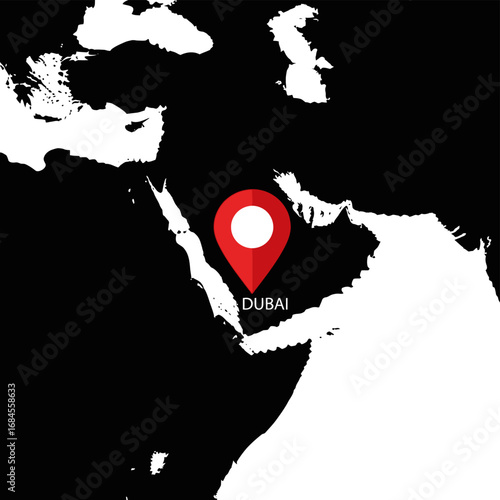 Dubai destination pinpoint in sleek black and white map illustration of the middle east region