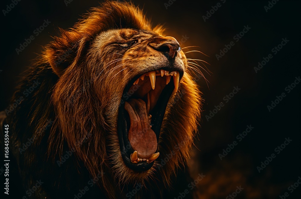 Naklejka premium Roaring Lion with Golden Mane on Dark Background