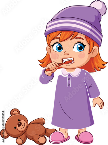 Cartoon child brushing teeth in bedtime outfit with teddy bear, promoting dental hygiene and nighttime routine for kids’ education.