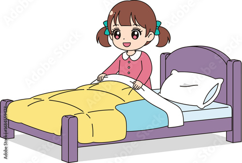 Cartoon child waking up in bed, morning routine, smiling girl, bedtime illustration, educational vector for hygiene and daily habits