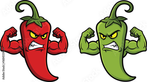 Cartoon chili peppers with muscular arms and angry expressions, spicy vegetable characters for children’s vector illustration and food-themed design