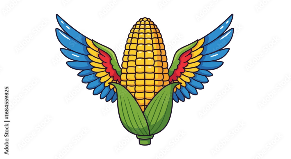 Obraz premium Whimsical corn cob character with vibrant avian wings illustration for art print