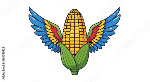 Whimsical corn cob character with vibrant avian wings illustration for art print