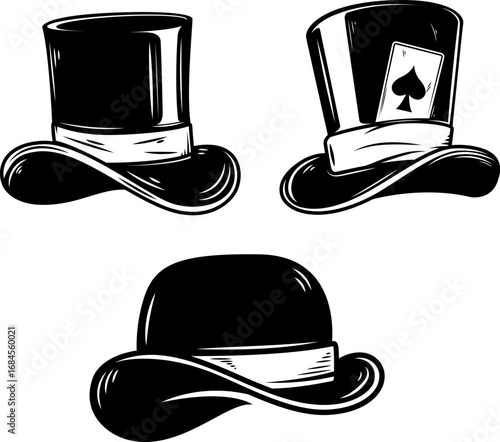 Set of monochrome illustrations of vintage hats. Design element for logo, emblem, sign. Vector illustration